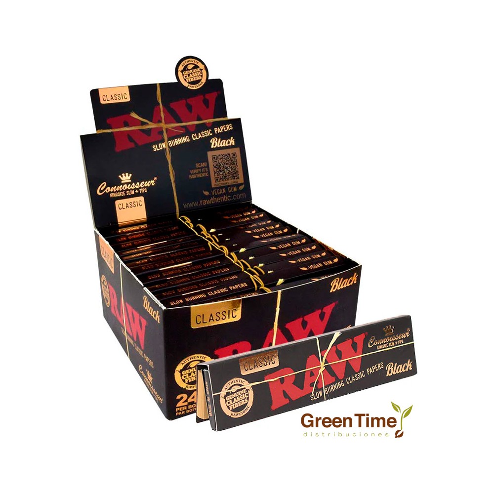 Papel Raw Black Connoisseur KS Slim + Tips 24U | Green Time